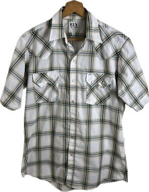 ELY Cattleman Men’s Medium Beige Green Plaid Pearl Snaps Western Shirt Cowboy